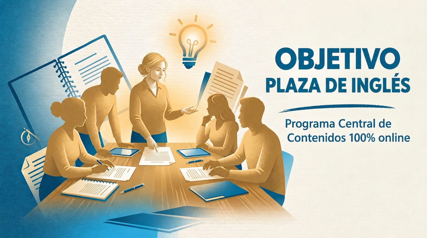 Portada del Programa Central de Contenidos de Objetivo Plaza Inglés, 100% online.