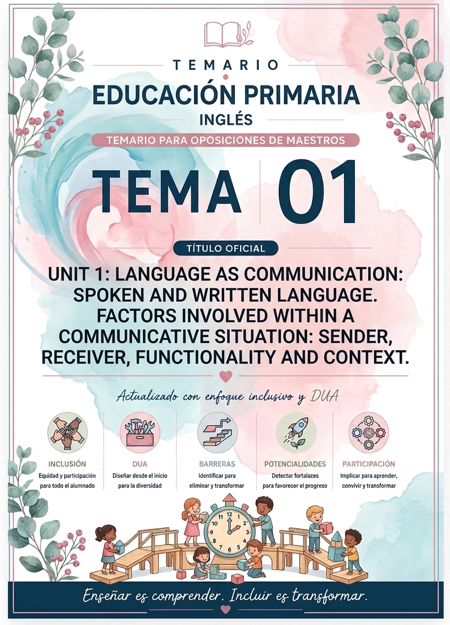 Portada del Tema 1 del temario de Inglés: título oficial de la unidad y los enfoques de inclusión, DUA, barreras, potencialidades y participación.